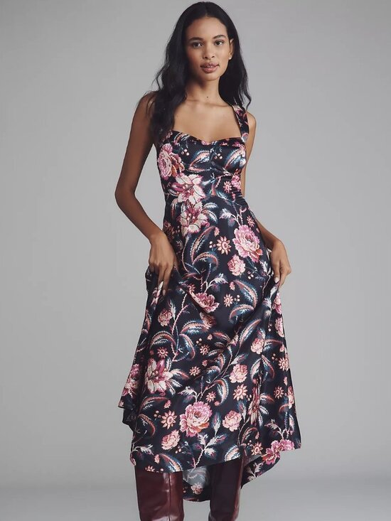 Anthropologie Dresses & Skirts - Anthropologie Floral Satin Maxi Dress in Black and Pink
